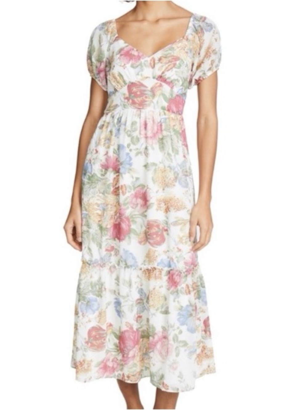WayF Chiffon Floral Maxi Dress size Small Multicolor Cottage Puff Sleeve Tiered